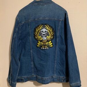 Mens Denim Jacket 3XL Button-Up Front Pockets Skull Design In The Back Hand sewn